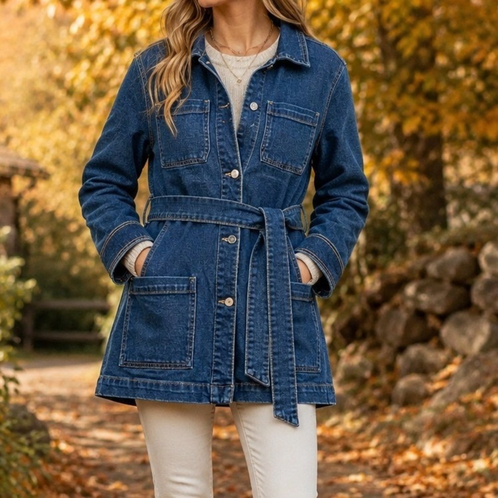 On 34th Womens Dark Wash Denim‎ Belted Utility Jacket Blue XS  Fall Long Career